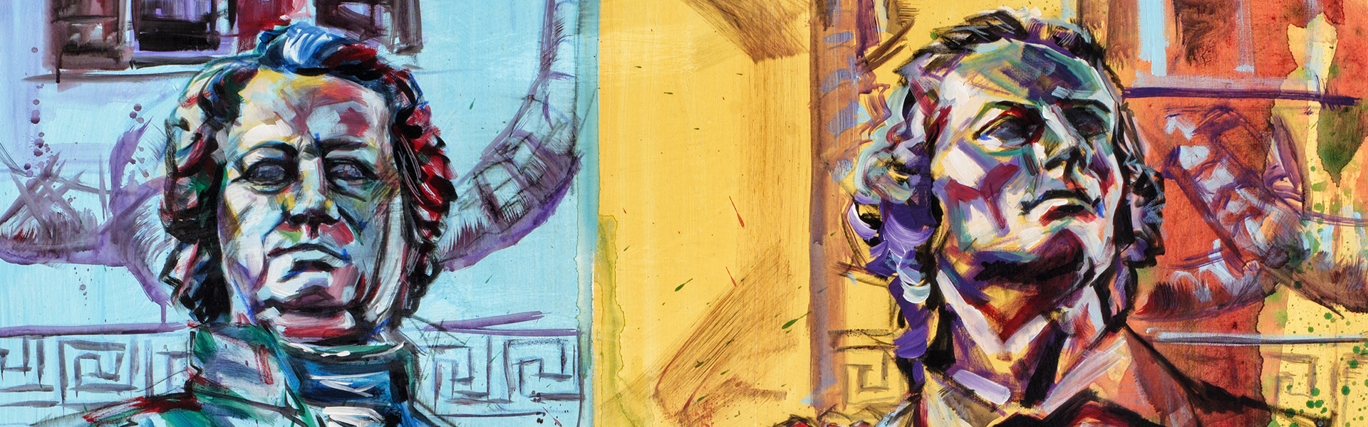 Contemporary painting, homage to Johann Wolfgang von Goethe and Friedrich Schiller, inspired by monument in Weimar