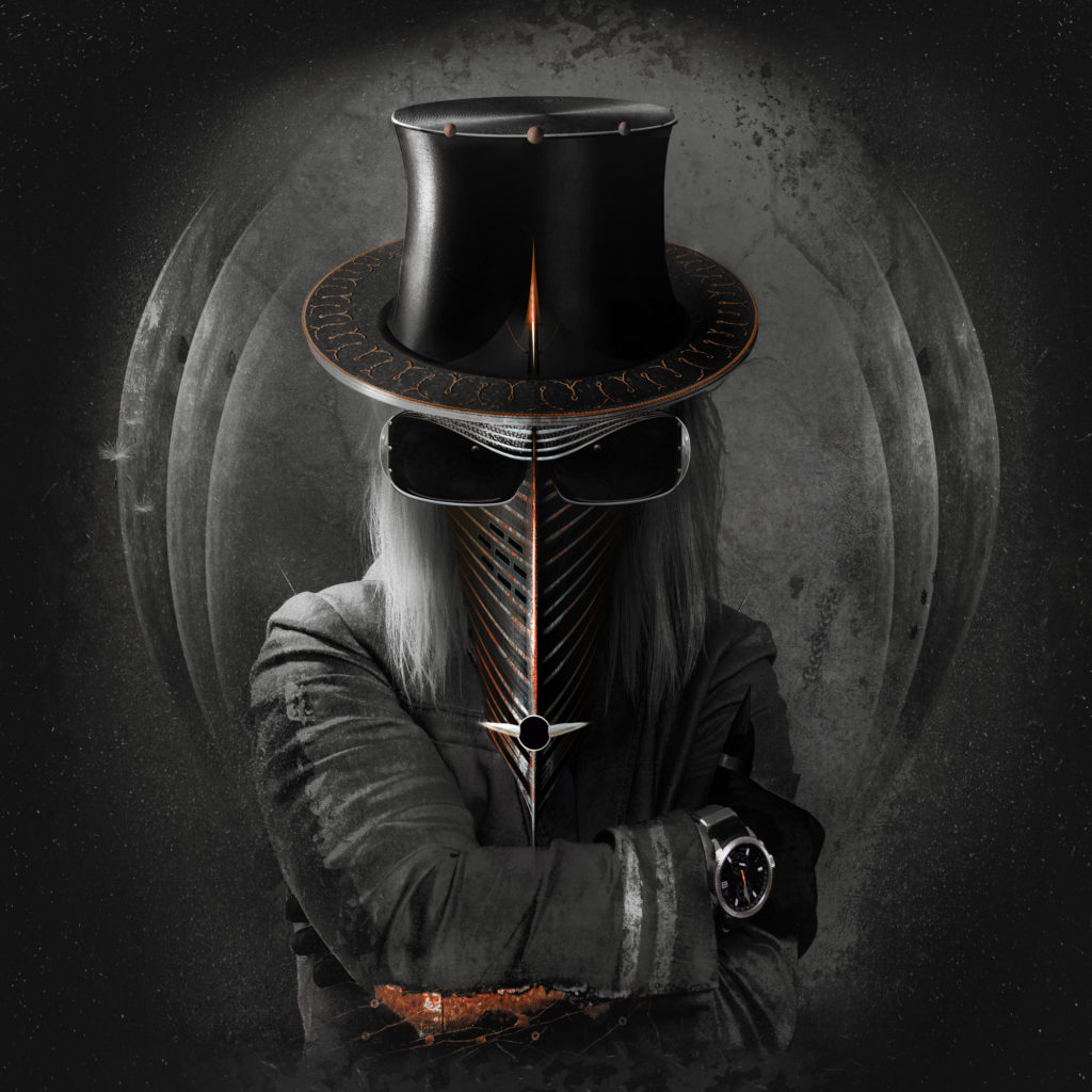 Frank Melechs Werk Vollverschluss Portrait eines dunklen Charakters mit eisernem Helm, Sonnenbrille und Zylinder sowie schwerer, dunkler Jacke